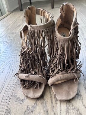 Steve Madden Taupe Suede Fringe Open-Toe Heels